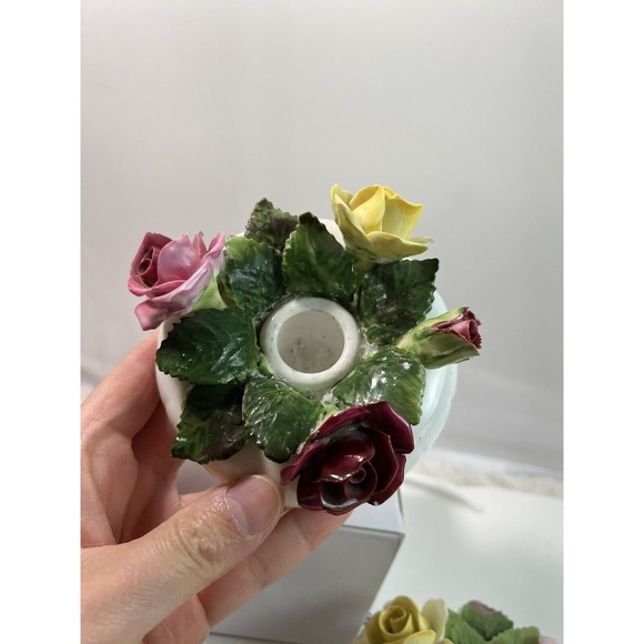 VTG 2 Golden‎ Crown E&R England Fine Bone China Hand Painted Rose Candle Holders - Picture 4 of 6